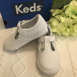 White Leather T-strap Keds, Little Kids/Toddler,7m